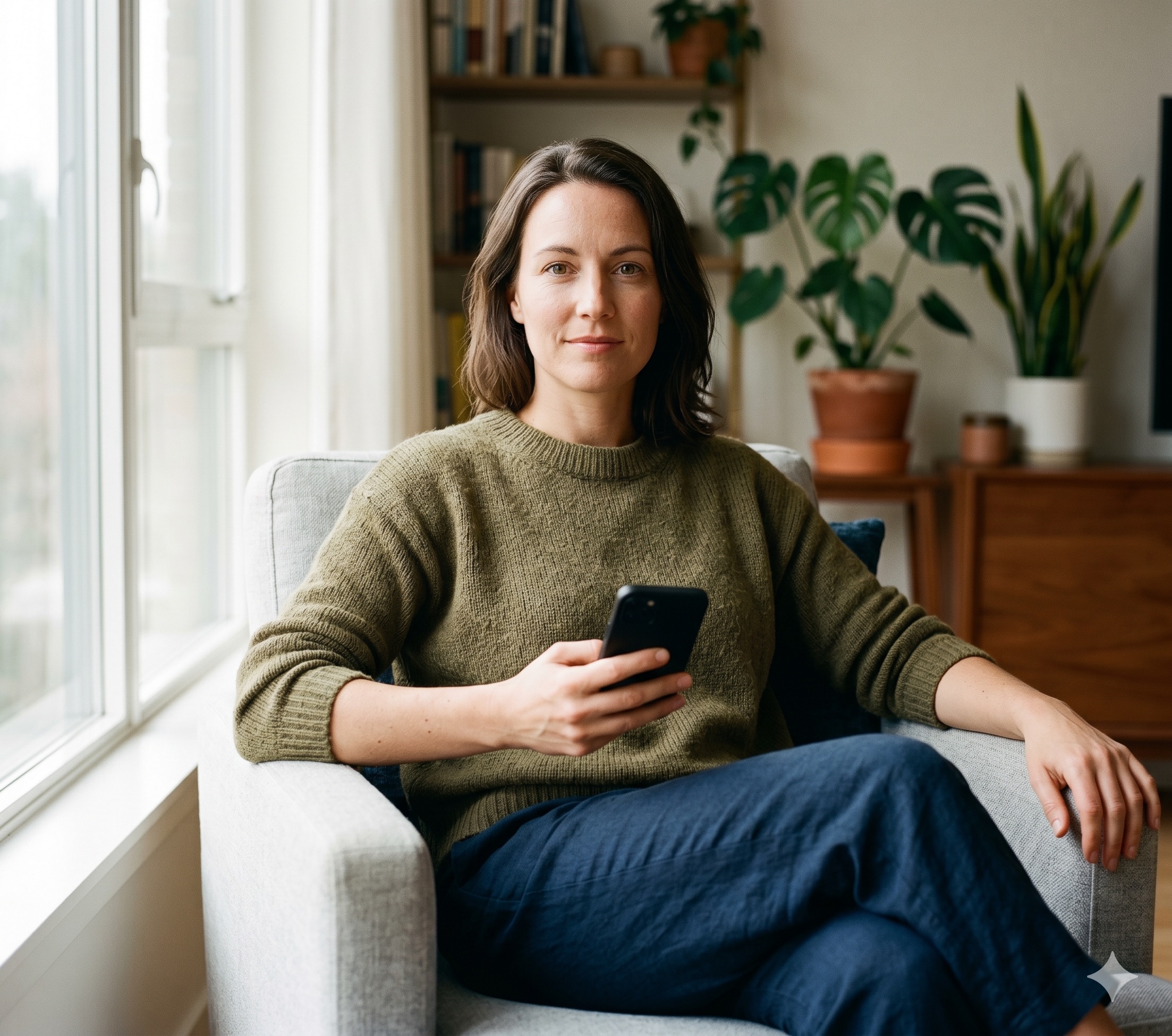 A confident adult at home looking calmly at their phone, feeling safe and in control
